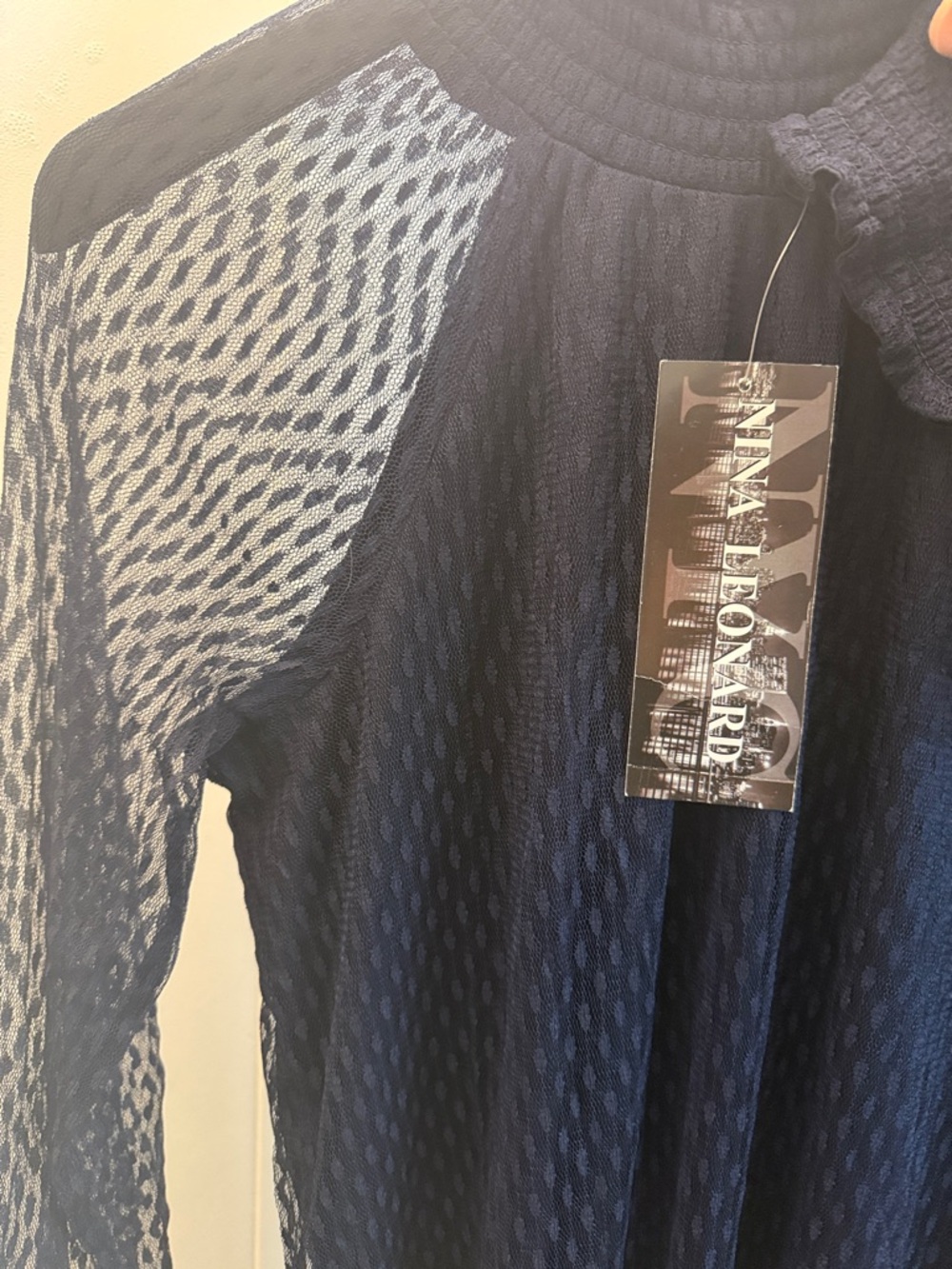 Nina Leonard Navy Long Sleeve Textured Dress